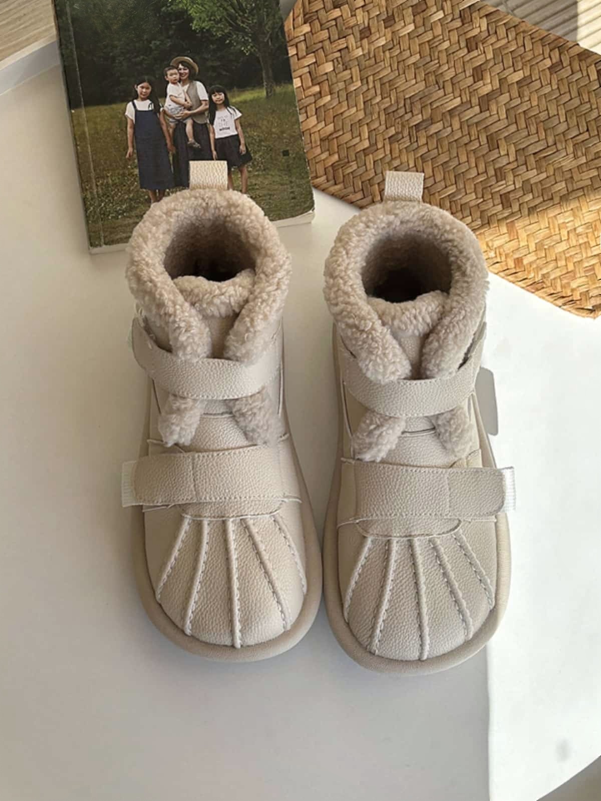 Imitation lamb wool round head flat-bottomed short boots winter beige cute soft-soled snow boots