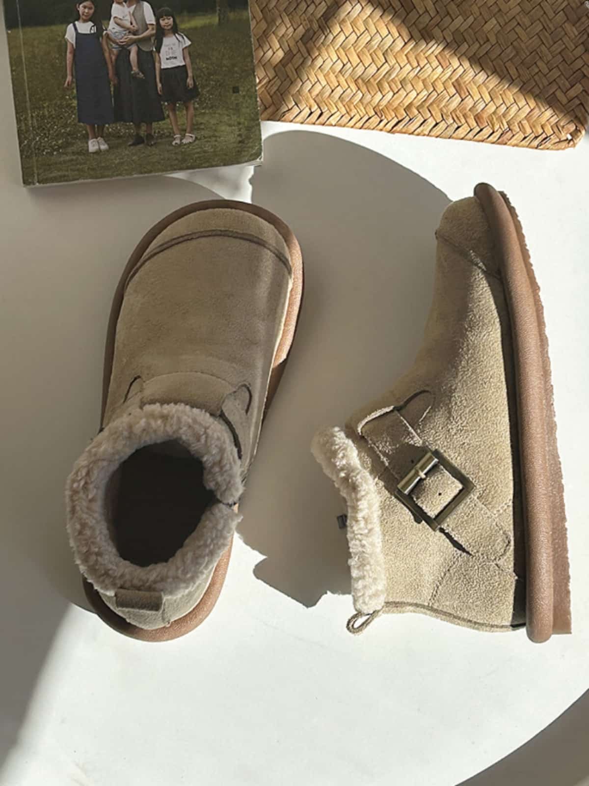 Imitation lamb wool round head flat-bottomed short boots winter velvet soft-soled belt buckle snow boots