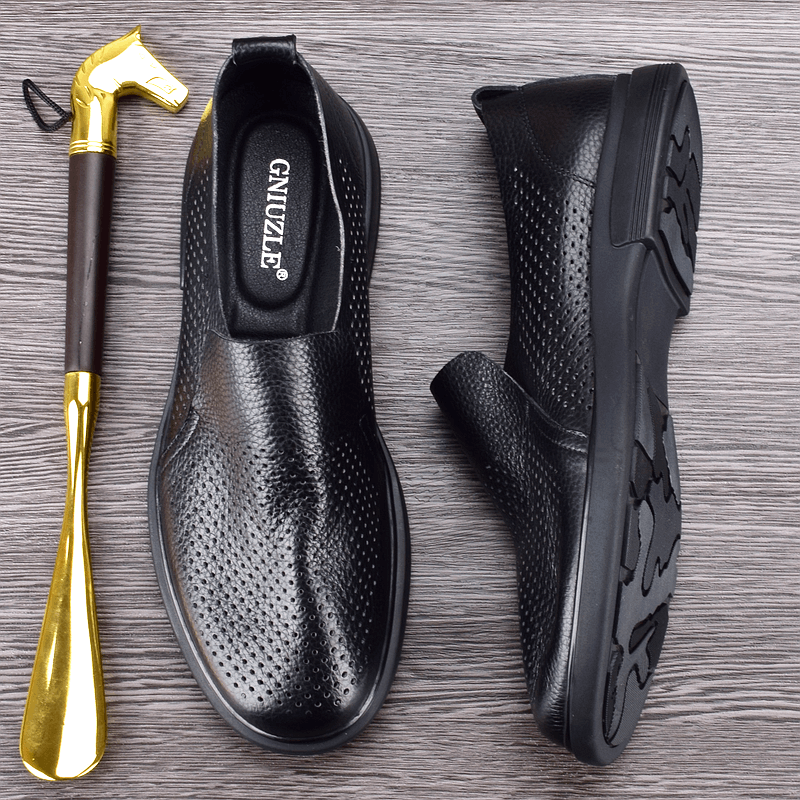 Summer breathable soft cowhide hollow leather shoes men's leather lightweight flat-bottomed hole shoes casual driving shoes