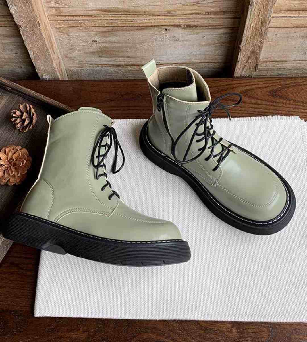Winter Platform Martin Boots Fleece Avocado Green Stylish