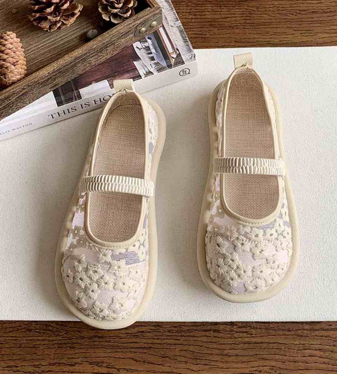Summer Mary Jane Lace Mesh Flat Shoes Cotton Linen Style