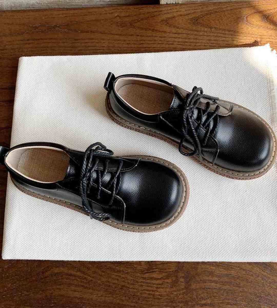 Spring Thick-soled Lace-up Round Toe Shoes Leather Aesthetic
