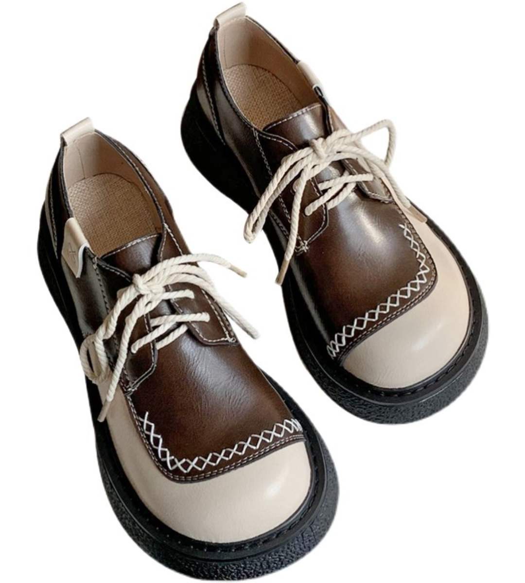 Spring Chunky Leather Shoes Retro Colorful Platform Flats