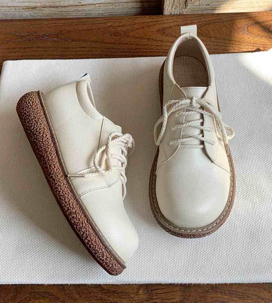 Spring Thick-soled Lace-up Round Toe Shoes Leather Aesthetic